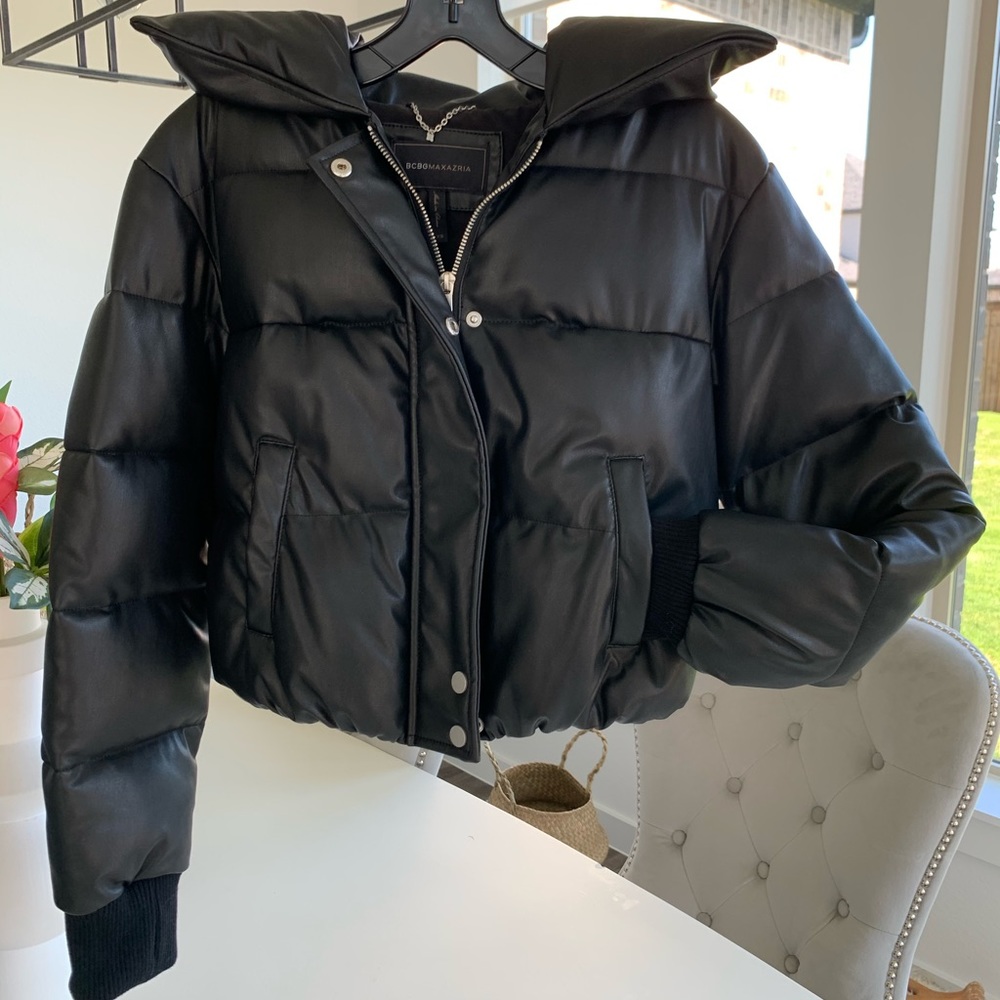 BCBG Faux Leather Cropped Puffer Jacket